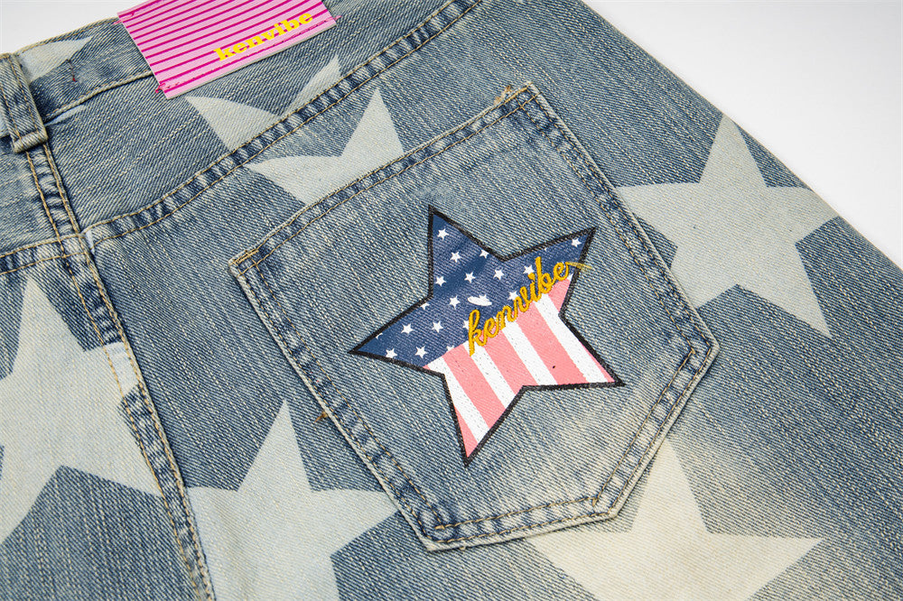 All-Over Star Print Wide Leg Jeans – Vintage Wash Retro Streetwear Denim