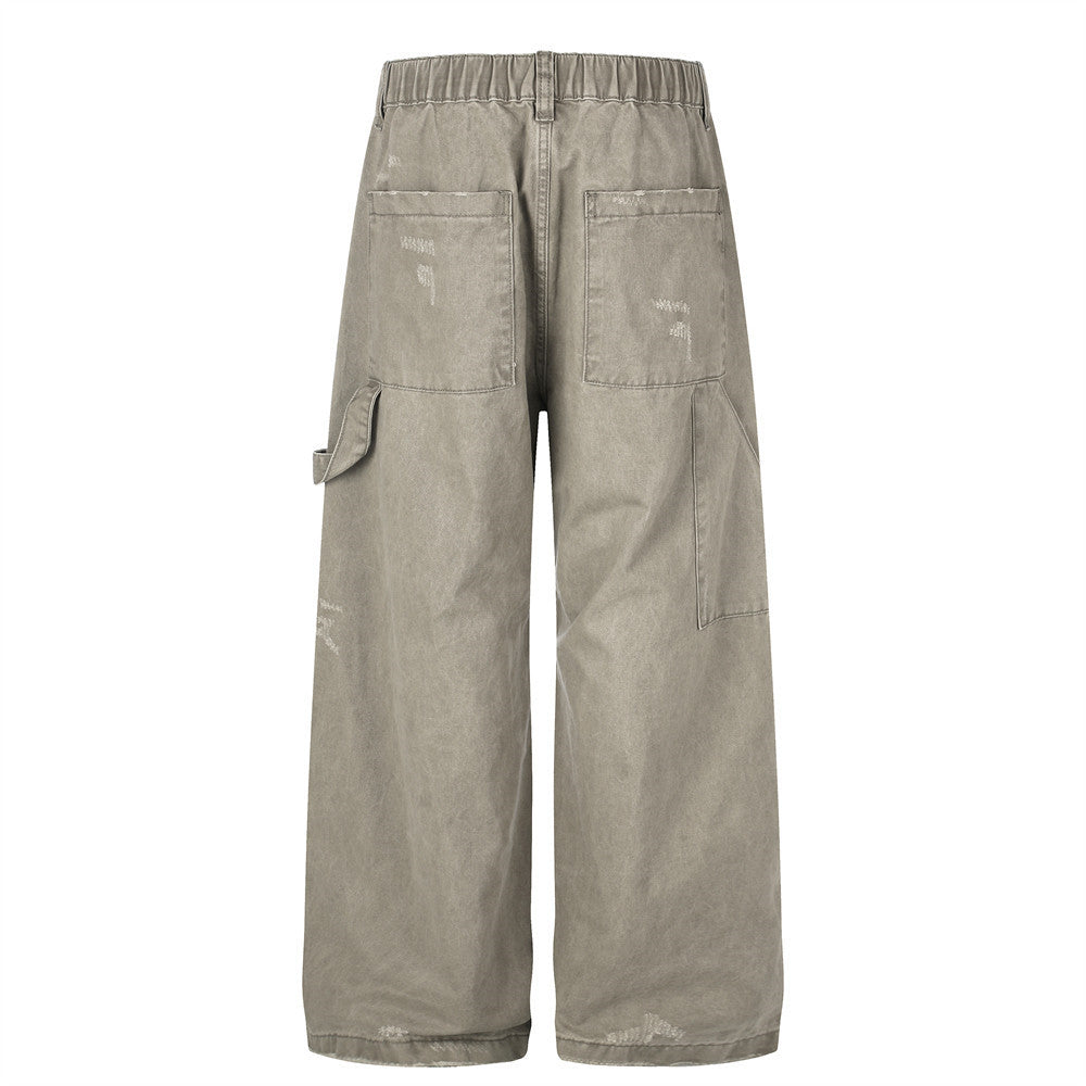 Pantalon cargo wide leg – Kaki délavé, éclaboussures de peinture et chaîne métallique