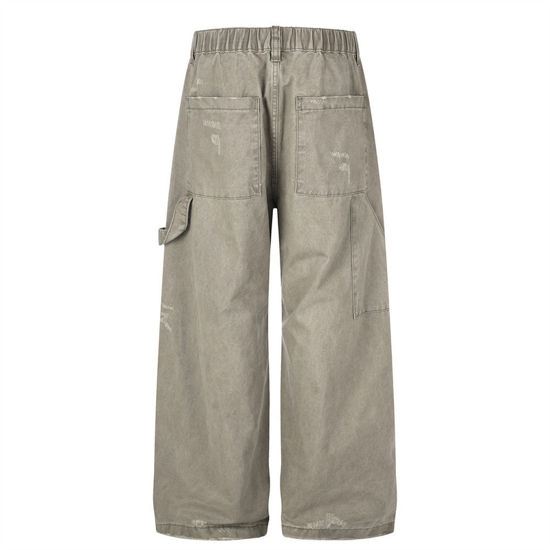Pantalon cargo wide leg – Kaki délavé, éclaboussures de peinture et chaîne métallique