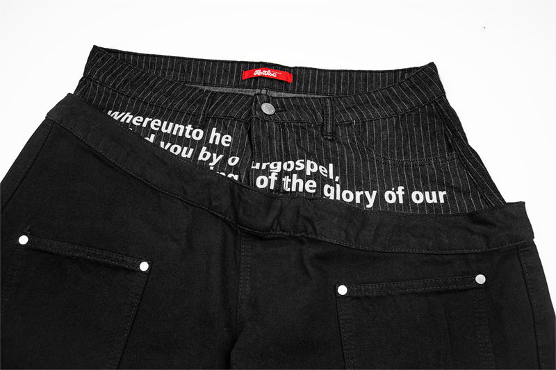Irregular Spliced Wide-Leg Flare Jeans with Letter Print Waistband