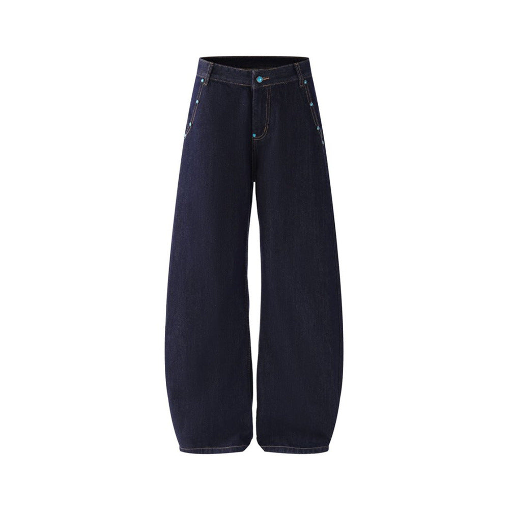 Wide-Leg Barrel Jeans – Turquoise Stud Detail, Curved Silhouette