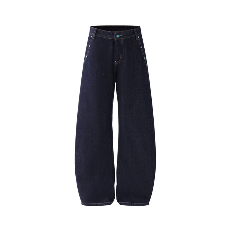 Wide-Leg Barrel Jeans – Turquoise Stud Detail, Curved Silhouette