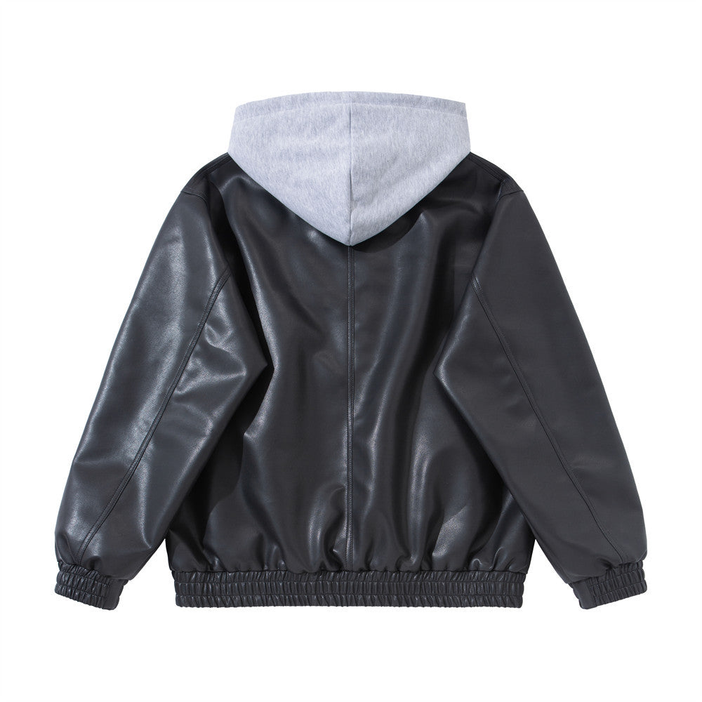 Faux Leather Hooded Bomber Jacket – Layered PU Zip-Up Oversized Coat