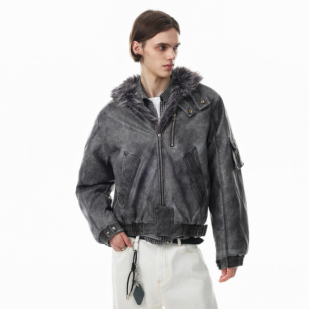 Men's Distressed Bomber Jacket with Faux Fur Collar – Padded Stand-Collar