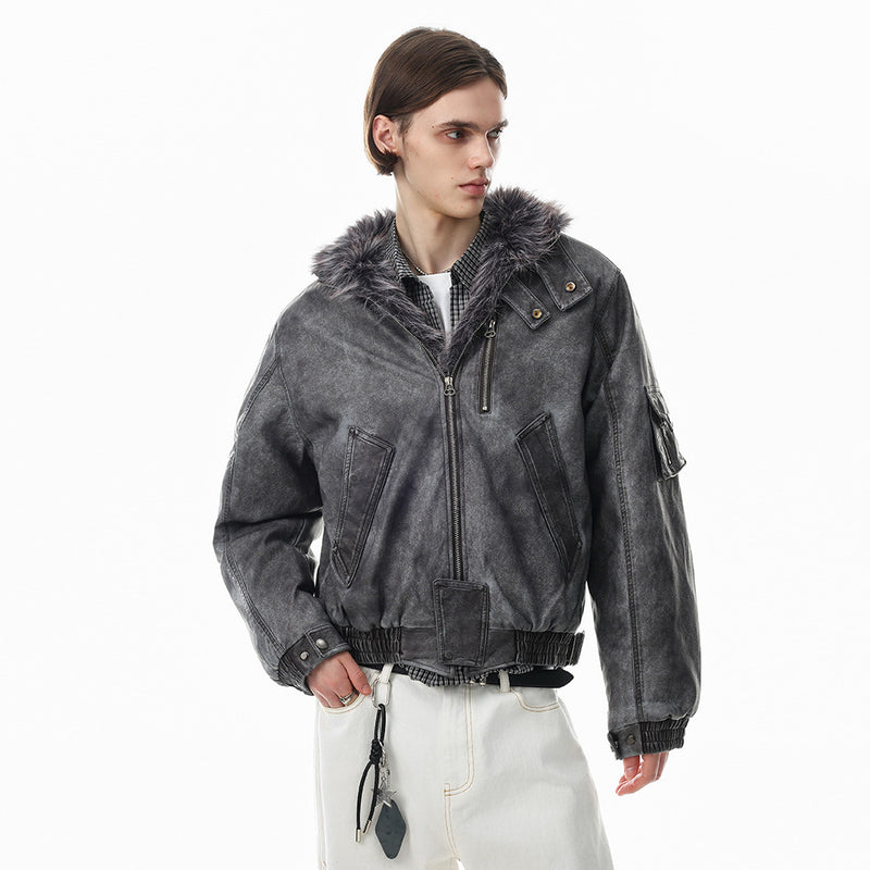 Men's Distressed Bomber Jacket with Faux Fur Collar – Padded Stand-Collar