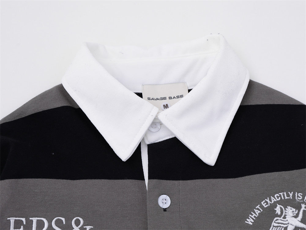 Striped Rugby Polo Shirt – Long Sleeve Color-Block Oversized Fit with Letter