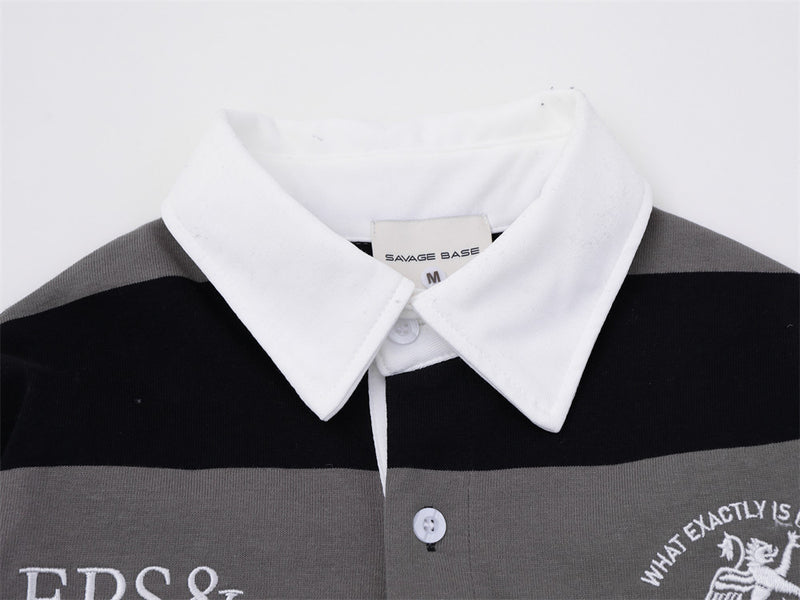 Striped Rugby Polo Shirt – Long Sleeve Color-Block Oversized Fit with Letter