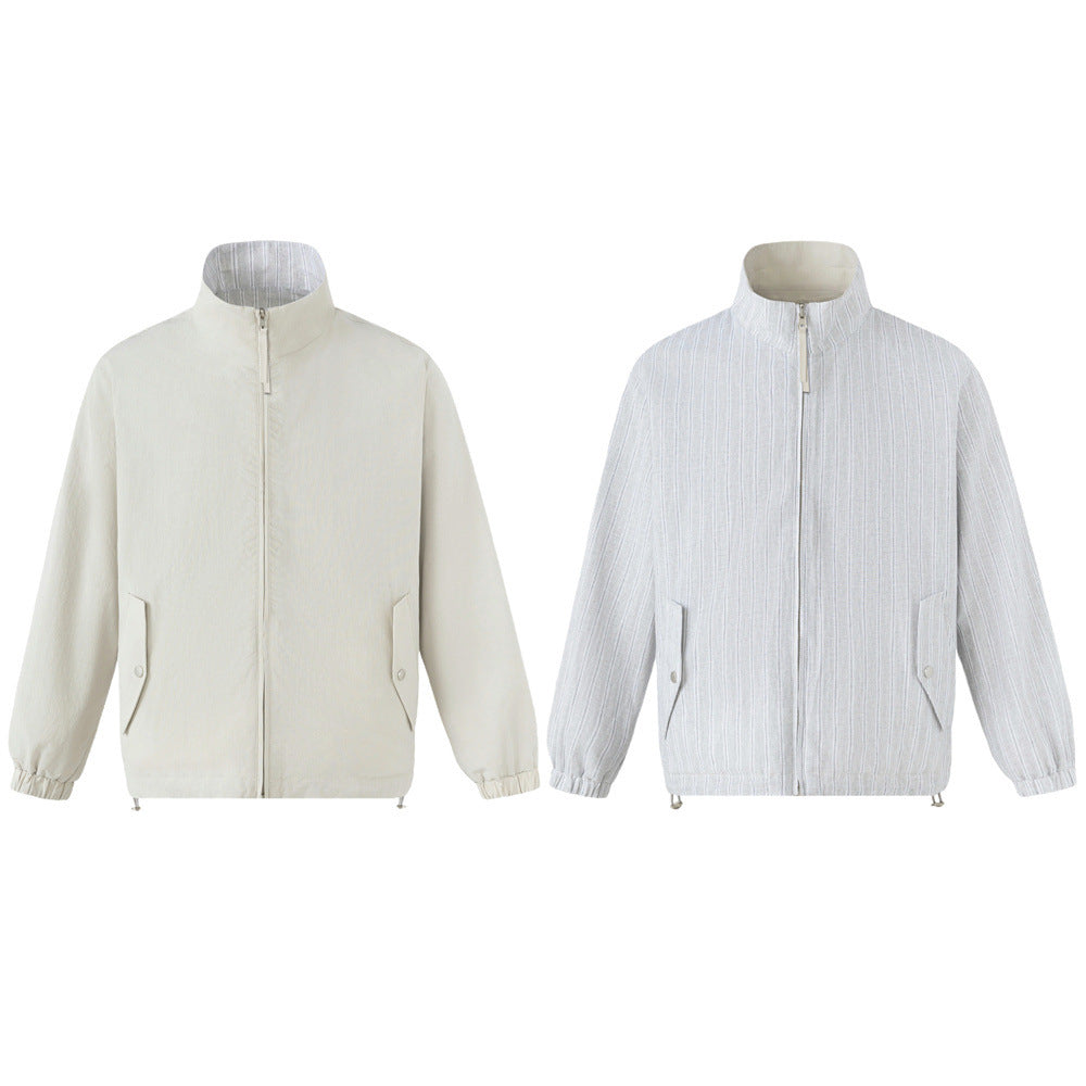 Reversible Stand Collar Zip Jacket – Cream & Pinstripe Oversized Fit