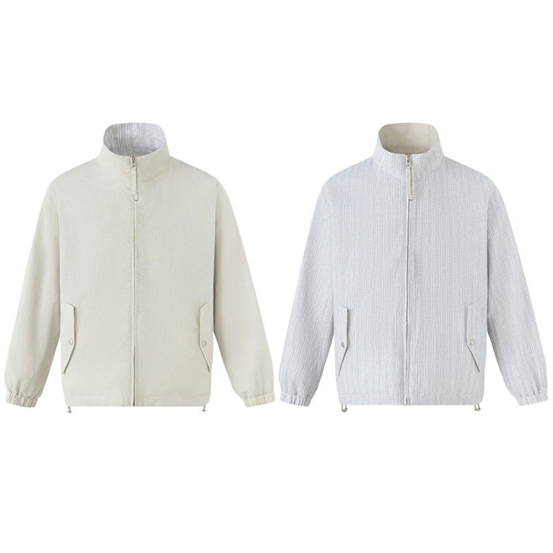 Reversible Stand Collar Zip Jacket – Cream & Pinstripe Oversized Fit