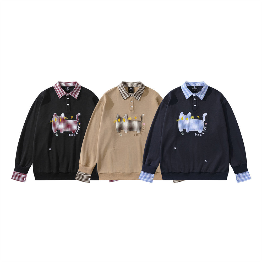 Plaid Collar Cat Embroidery Sweatshirt – Faux Two-Piece Button Polo Men's Top