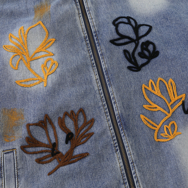Oversized Black Denim Jacket – Floral Embroidery & Washed Distressed Finish