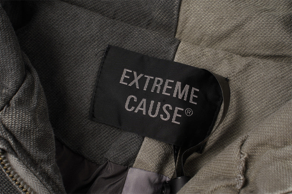 Veste à capuche zippée en patchwork délavé à l'acide – Bomber oversize bicolore à coutures effilochées