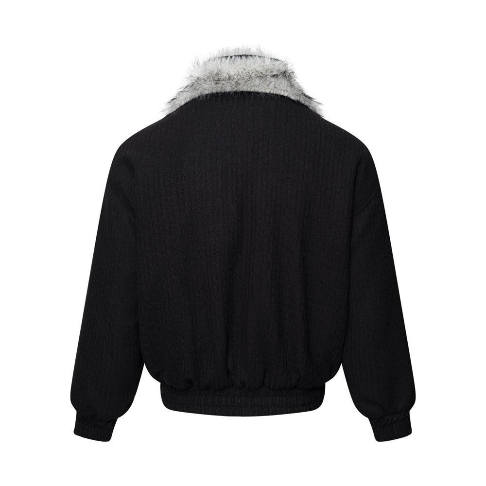 Men's Faux Fur Collar Double-Layer Knit Bomber Jacket