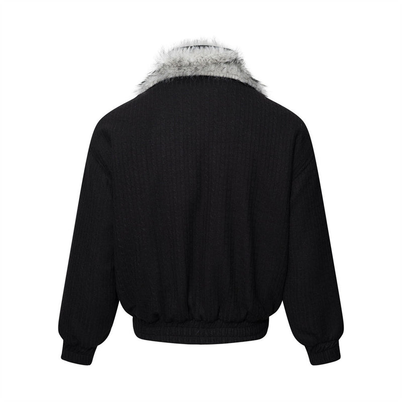 Men's Faux Fur Collar Double-Layer Knit Bomber Jacket