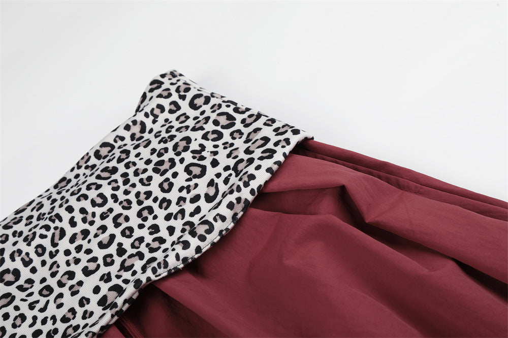 Wide-Leg Balloon Pants with Leopard Print Waistband & Drawstring Hem