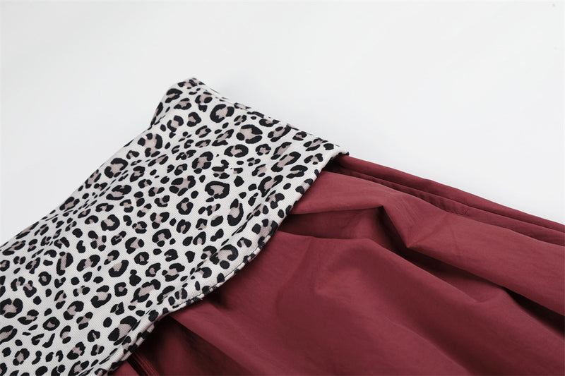 Wide-Leg Balloon Pants with Leopard Print Waistband & Drawstring Hem