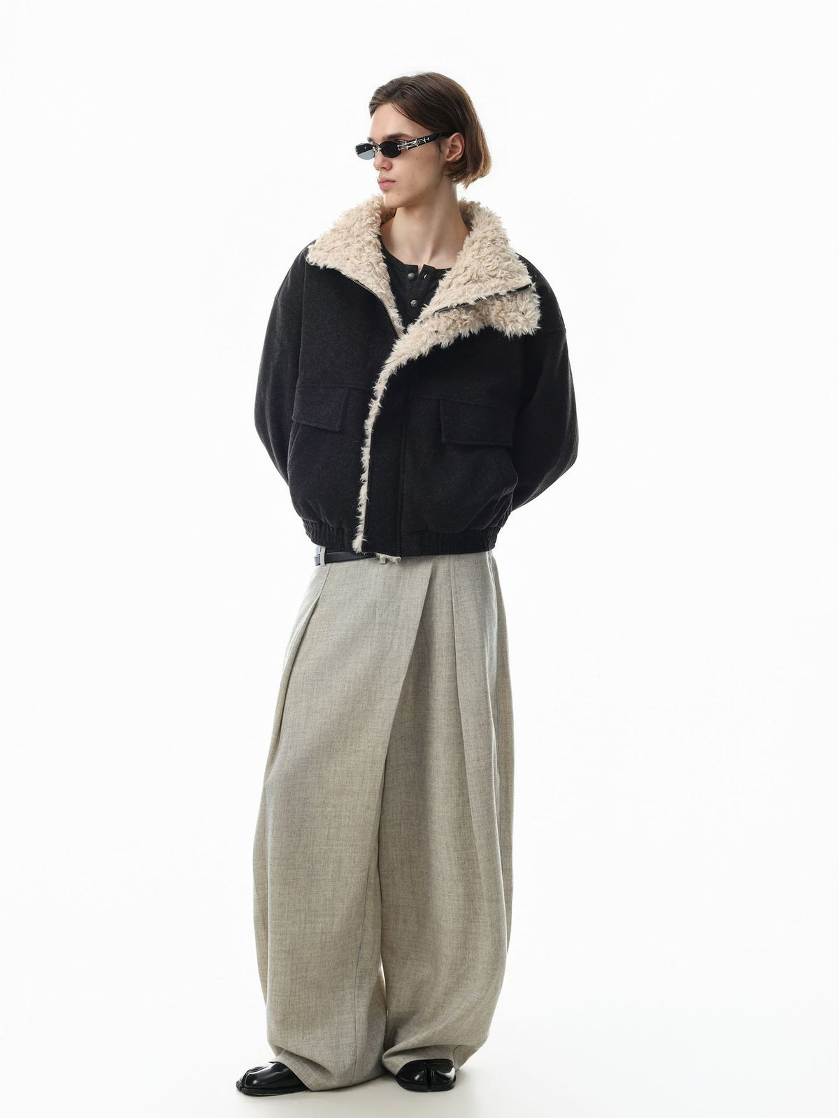 Wool-Blend Bomber Jacket with Sherpa Lining and Fleece Collar Trim