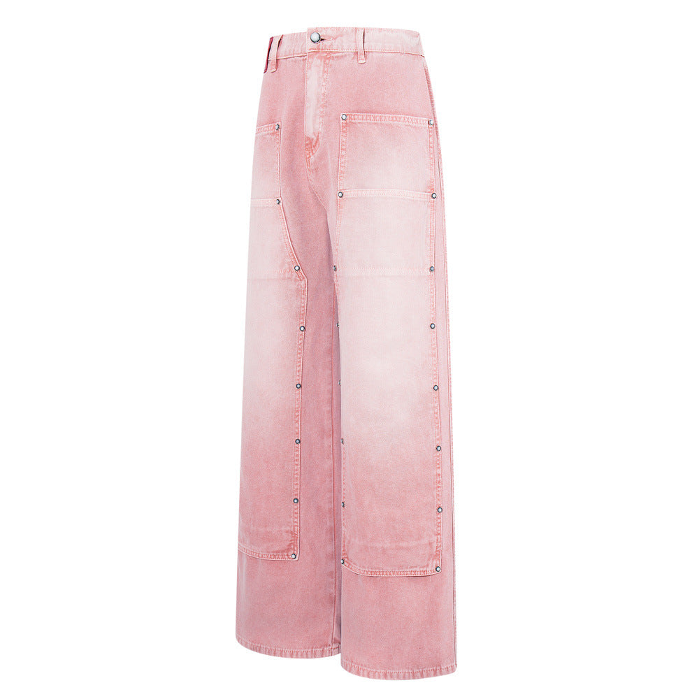 Wide-Leg Carpenter Jeans – Patchwork Studded Pink Washed Denim