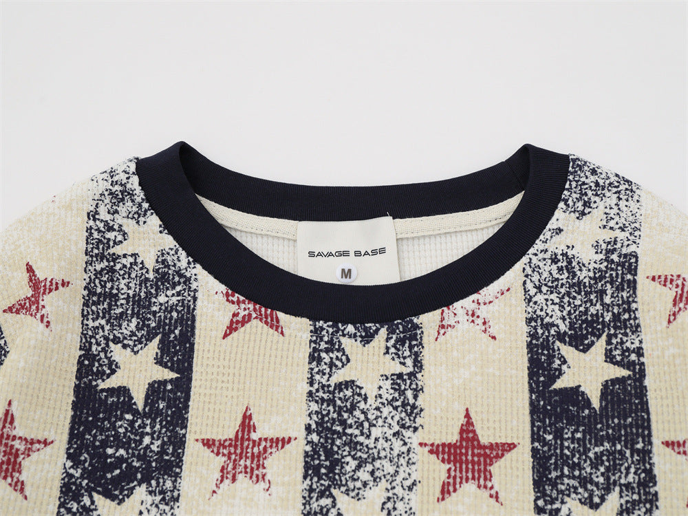 Long Sleeve Waffle-Knit Graphic Tee – Distressed Star & Stripe Print, Oversized