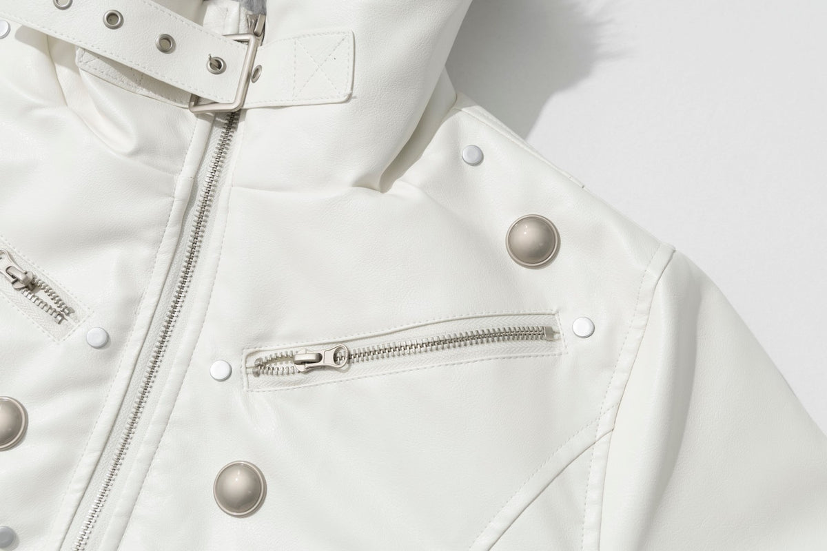 Faux Fur Collar Military Double-Button Moto Jacket – Padded PU Leather Bomber