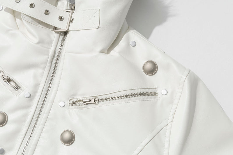 Faux Fur Collar Military Double-Button Moto Jacket – Padded PU Leather Bomber