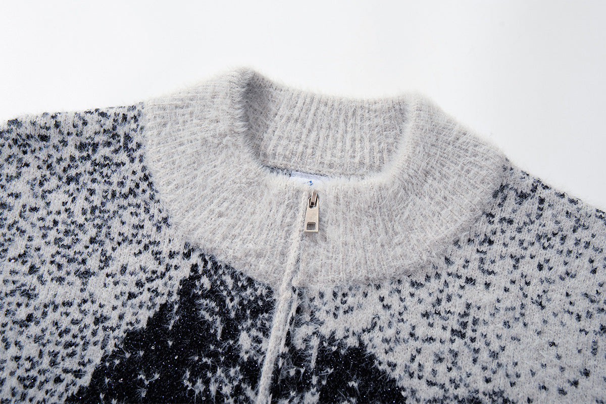 Cat Jacquard Knit Zip-Up Cardigan Sweater – Oversized Pixelated Graphic