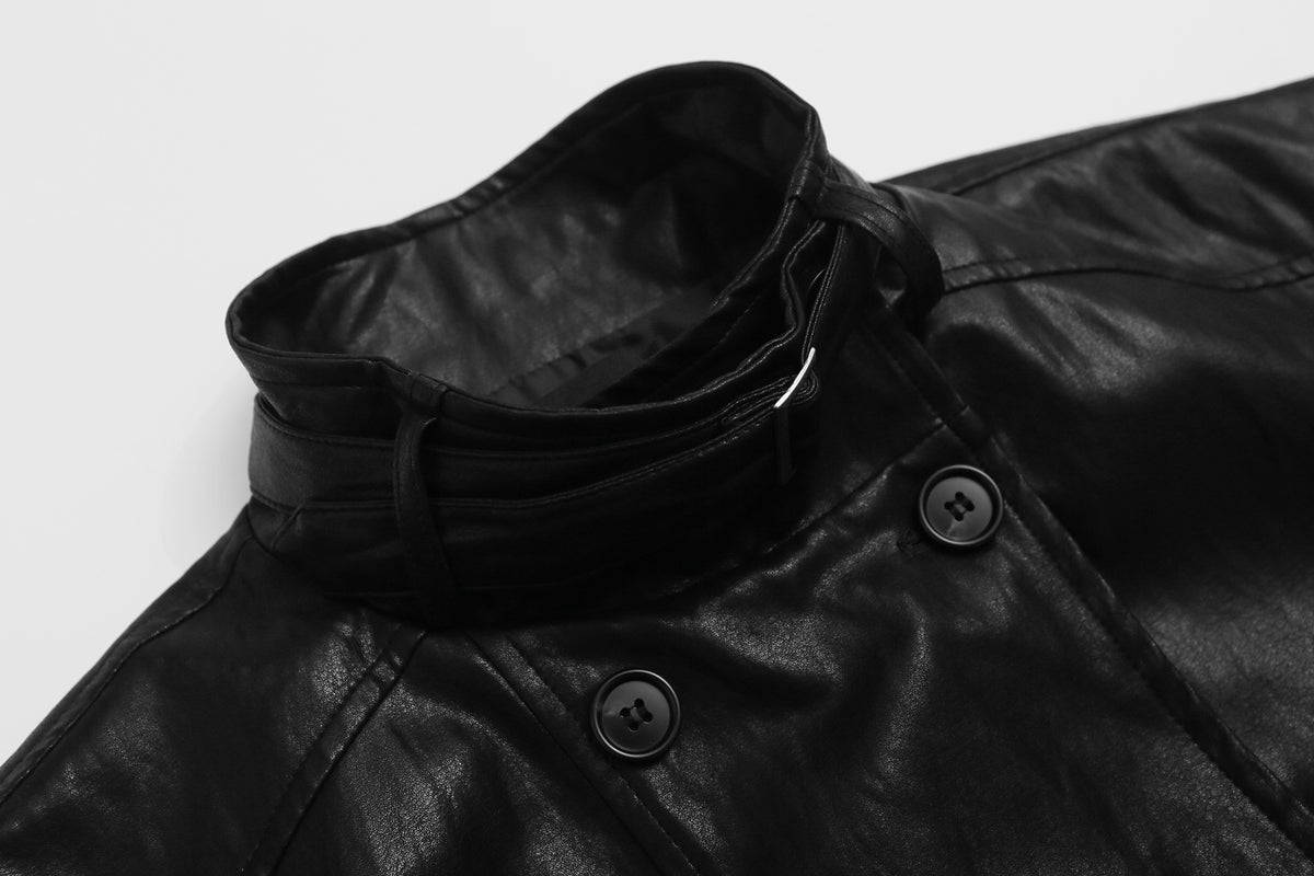 Faux Leather Biker Jacket – Oversized Stand Collar, Double-Breasted, Moto Style