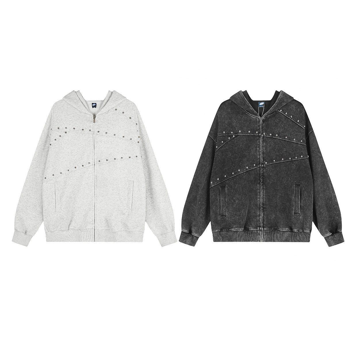Streetwear-Zip-up-Hoodie mit Nietenpanel – Acid-Wash & Hellgrau meliert