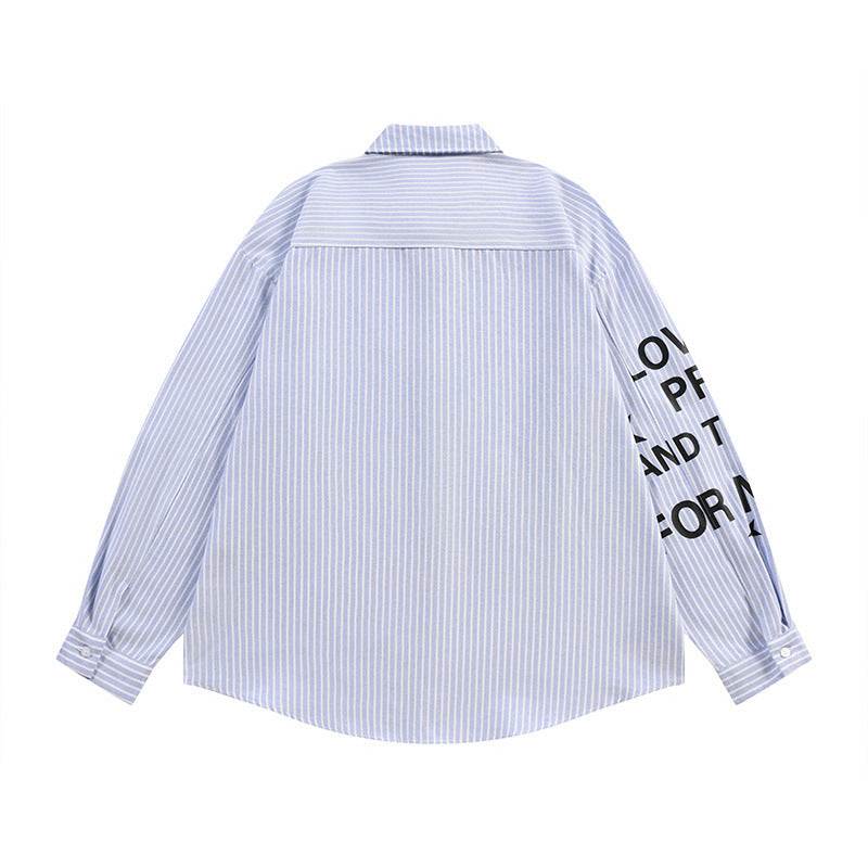 Graphic Button-Up Shirt – Hip-Hop Letter Print Vertical Stripe Long Sleeve