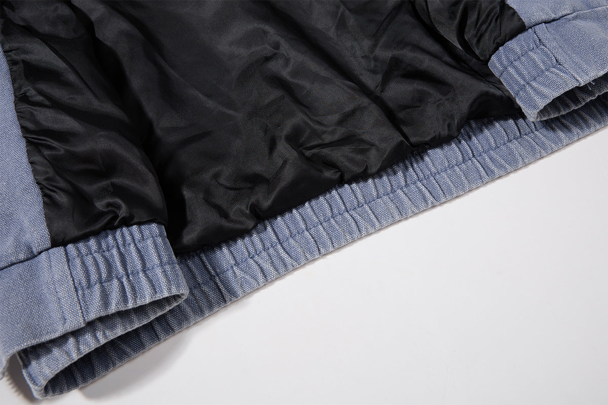 Chaqueta de lona lavada workwear con cuello de pana – Estilo barn de corte cuadrado