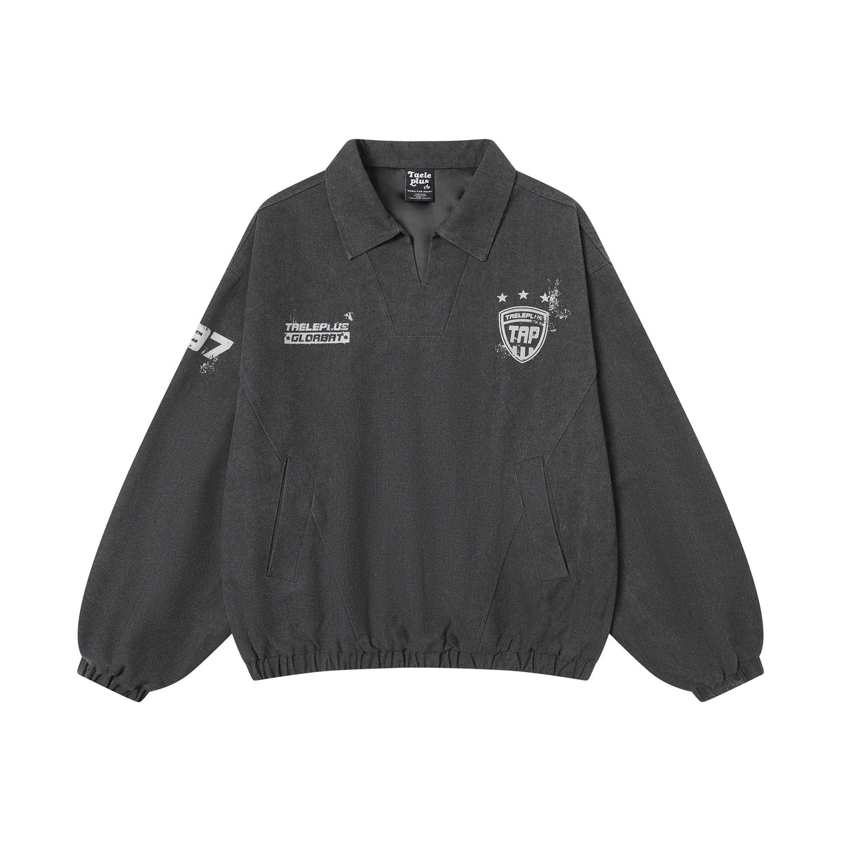 Washed Pullover Training Jacket with Polo Collar and Varsity Graphic Print