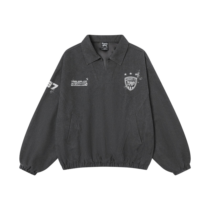 Washed Pullover Training Jacket with Polo Collar and Varsity Graphic Print