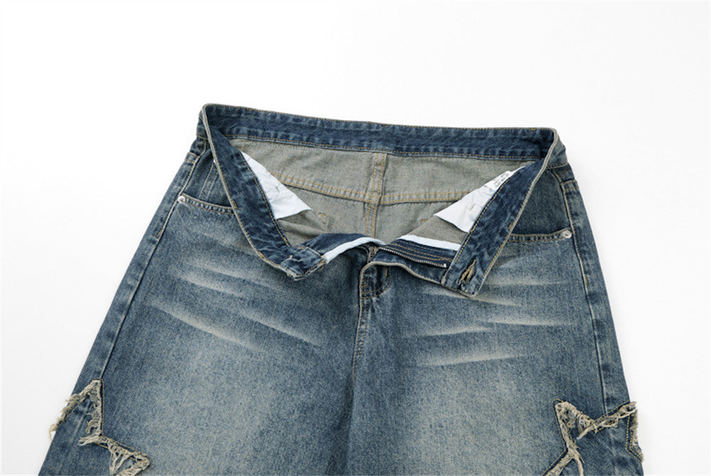 Men's Baggy Denim Shorts with Star Patch Detail, Washed Wide-Leg Five-Point Cut
