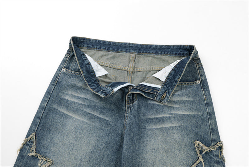 Men's Baggy Denim Shorts with Star Patch Detail, Washed Wide-Leg Five-Point Cut