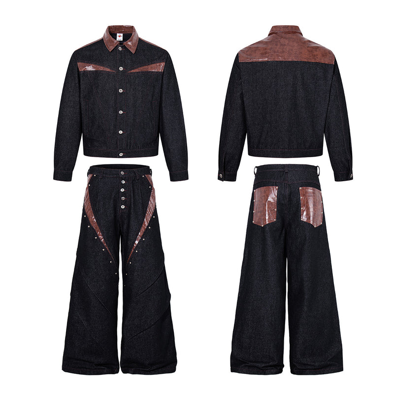 Boxy Raw Denim Jacket with Crocodile-Embossed Leather Panels