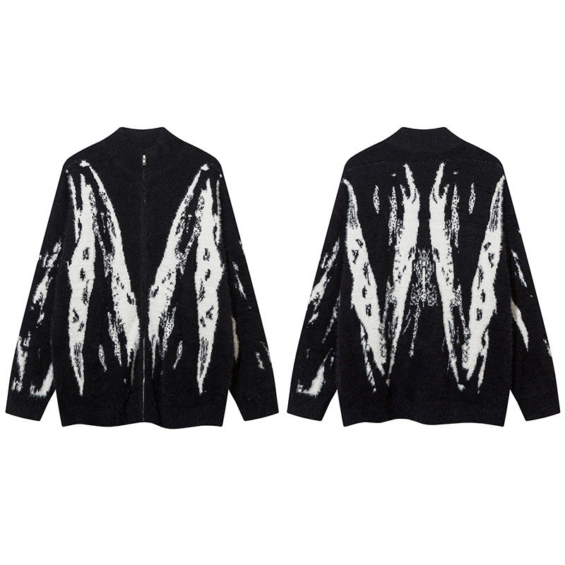 Butterfly Jacquard Zip-Up Knit Cardigan Sweater – Fuzzy Mohair-Style High Street
