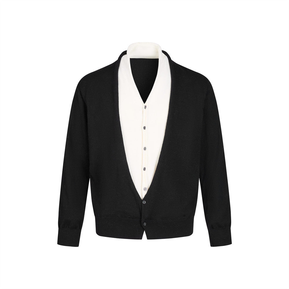 Men's V Neck Sweater Two-Tone Faux-Layered Cardigan