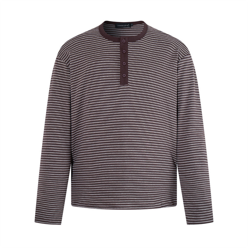 Men's relaxed-fit striped henley long-sleeve shirt with button placket and contrast ribbed neckline in brown colorway