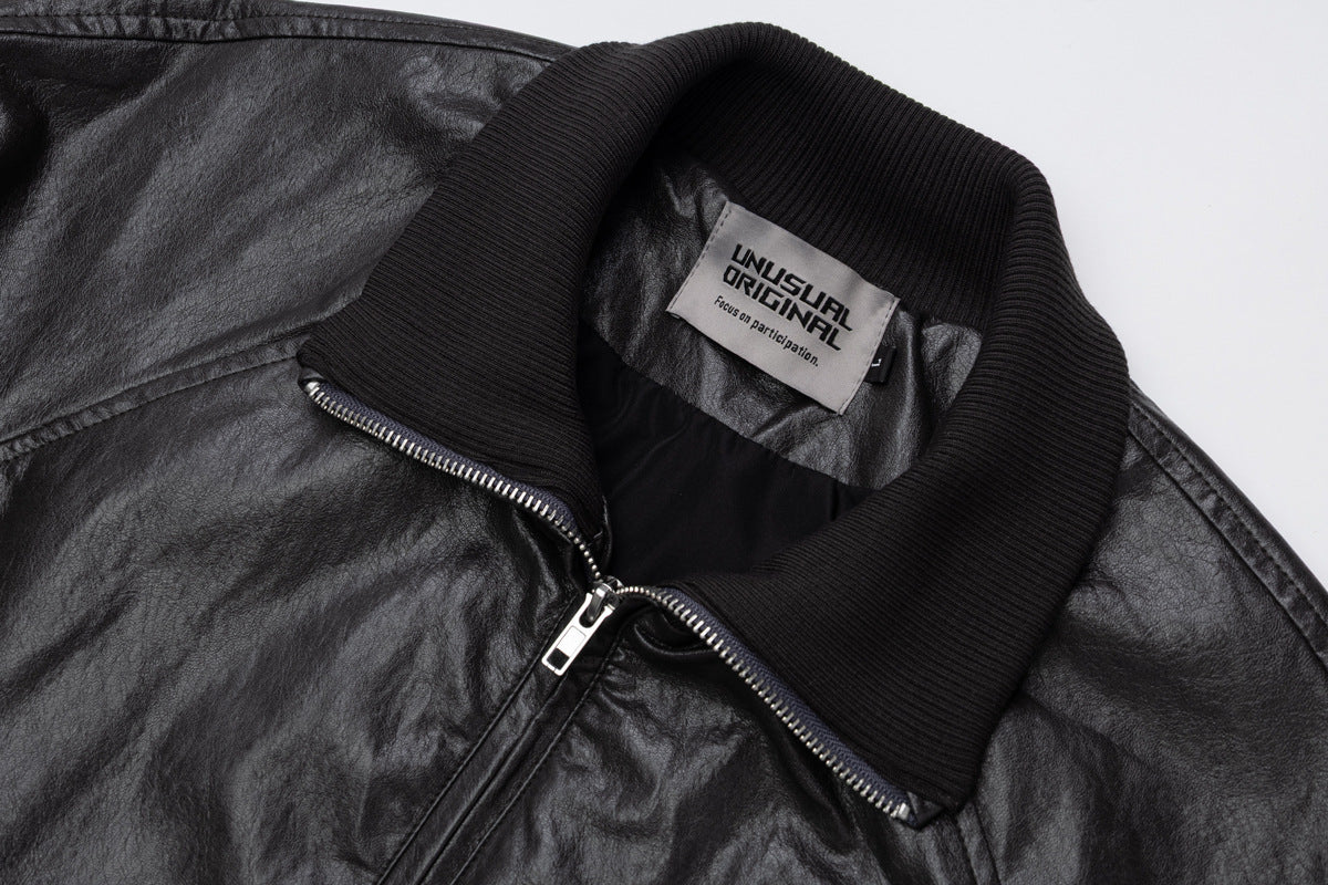 Blouson bomber en similicuir PU brodé – Style vintage racing et flight américain