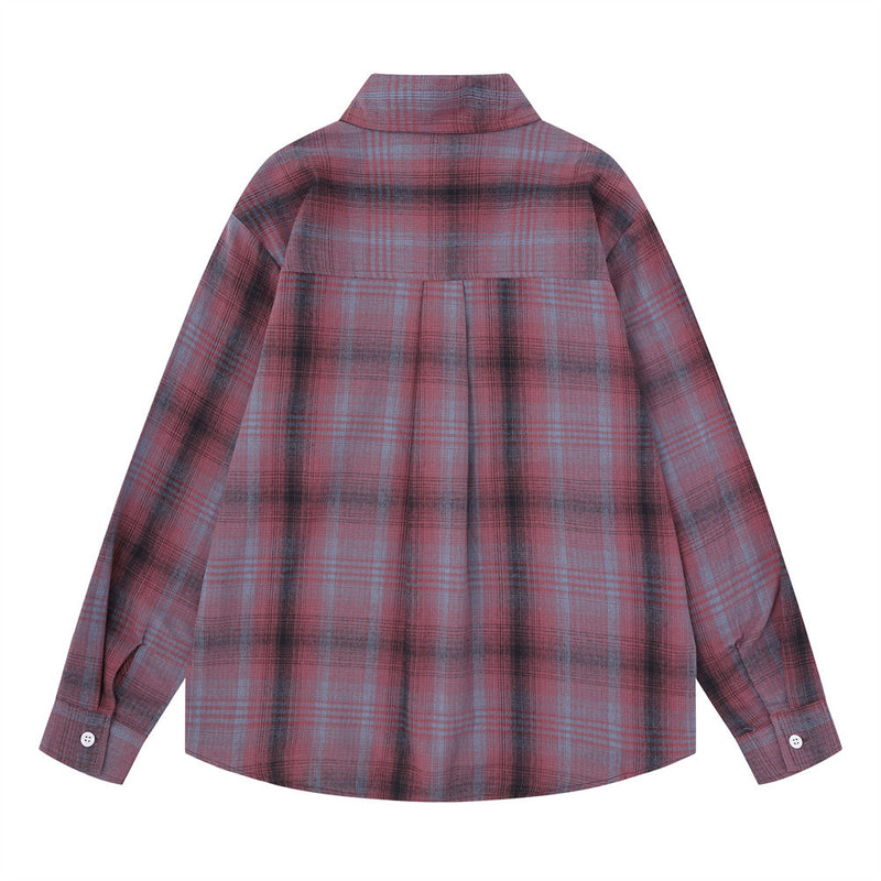 Oversized Button-Up Shirt Plaid Graffiti Print Long Sleeve