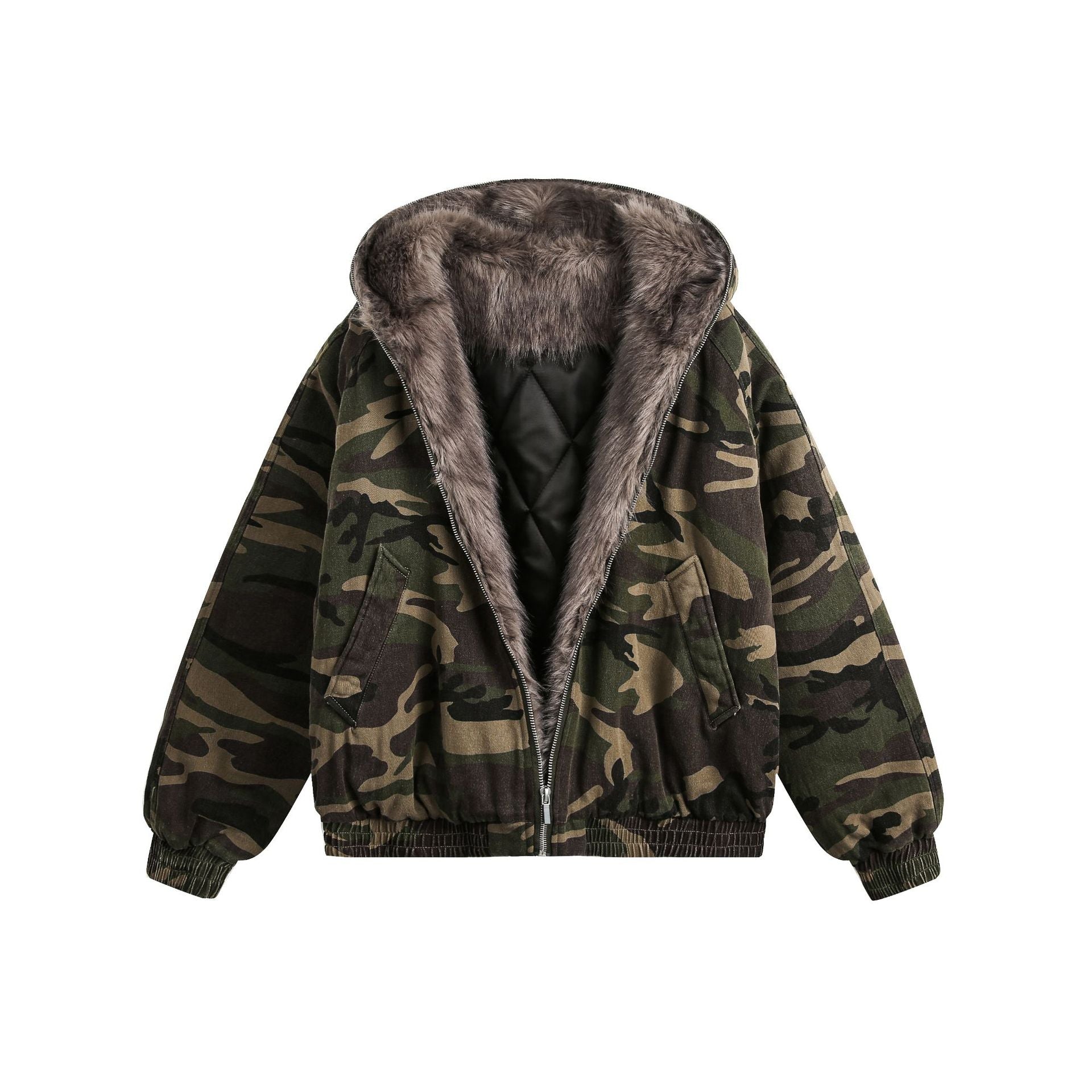 Blouson bomber homme camouflage doublé en fausse fourrure avec capuche
