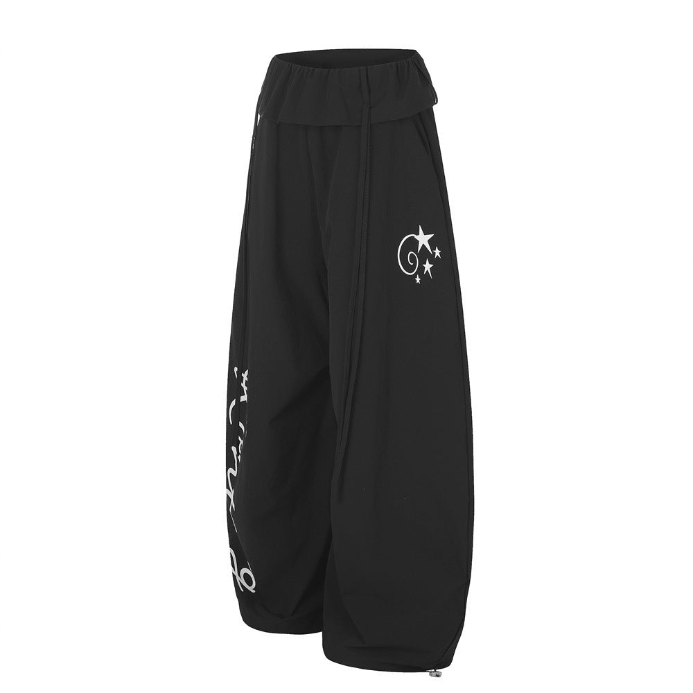 Letter Print Wide-Leg Balloon Pants – Streetwear Fold-Over Waist Casual Trousers