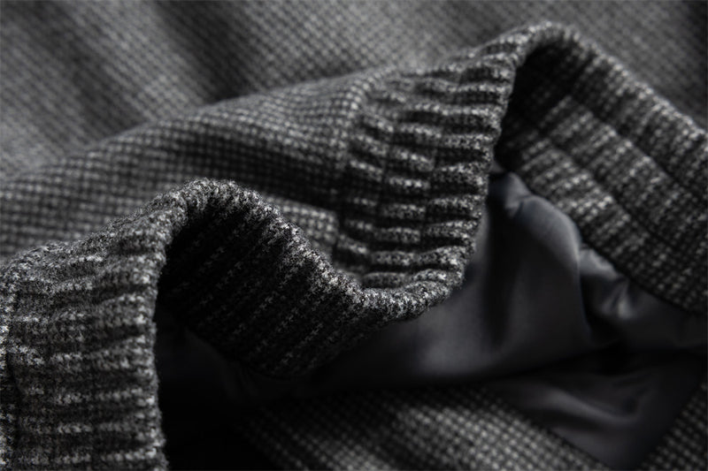 Men's Houndstooth Wool-Blend Bomber Jacket with Leather Collar & Cuffs