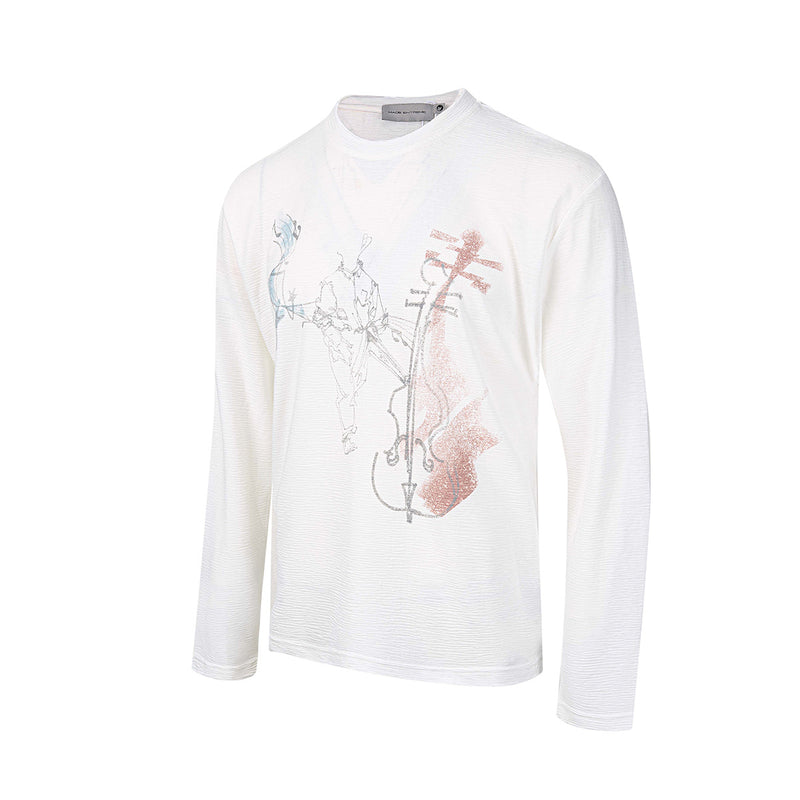 Long Sleeve Graphic Shirt – Cello Musician Sketch Print, Relaxed Fit