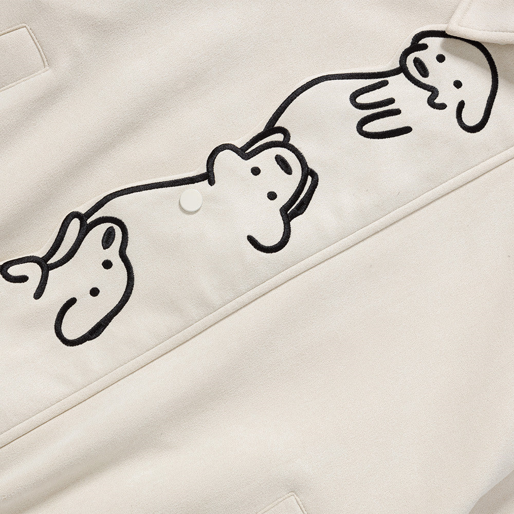 Varsity-Jacke mit Cartoon-Hunde-Stickerei – Oversize-Bomber mit Druckknöpfen