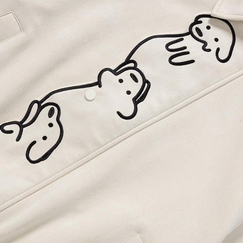 Varsity-Jacke mit Cartoon-Hunde-Stickerei – Oversize-Bomber mit Druckknöpfen