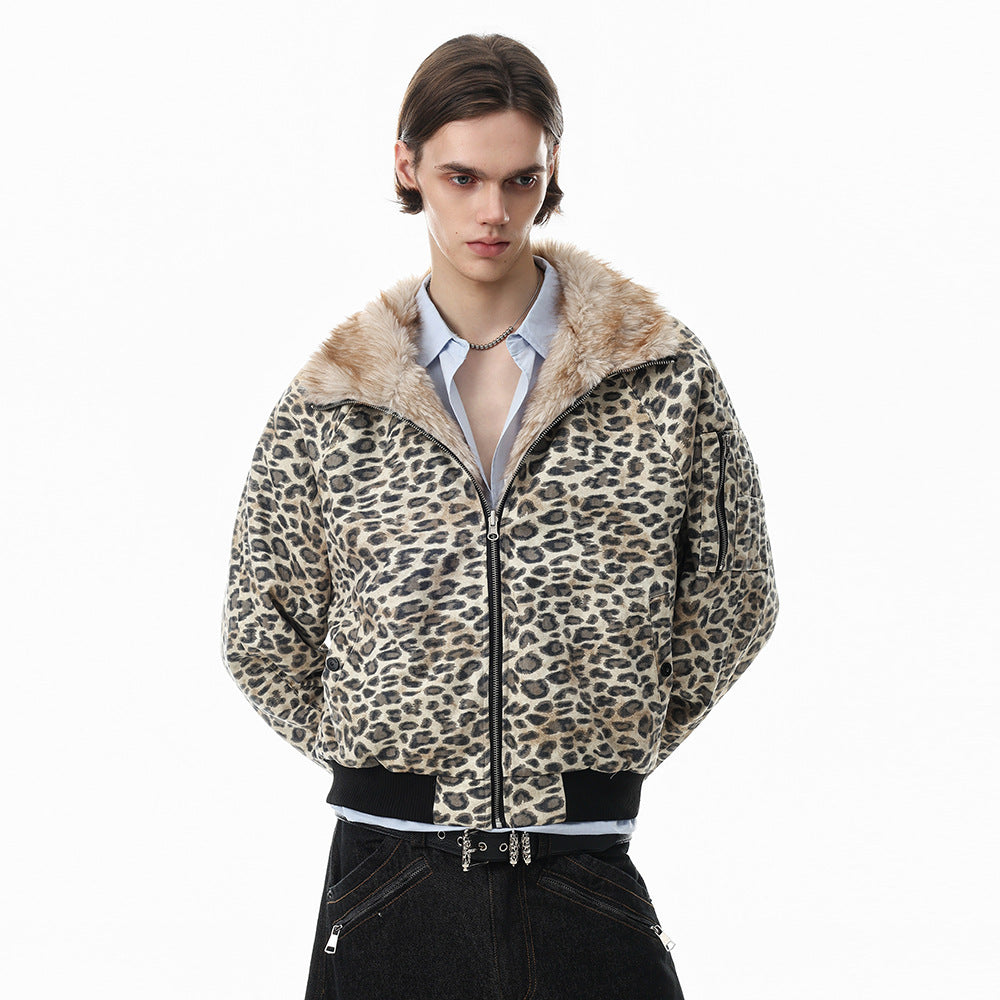Reversible Faux Fur Leopard Print Bomber Jacket – Men's Oversized Stand Collar