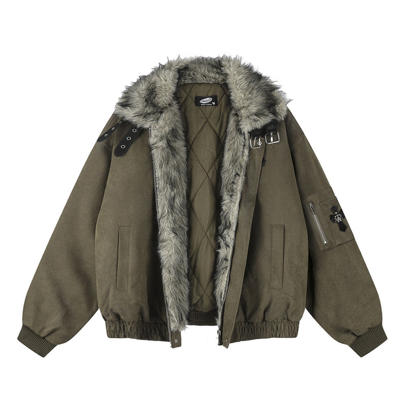 Veste homme doublée sherpa, bomber à col en fourrure avec écusson croix et détails à boucle