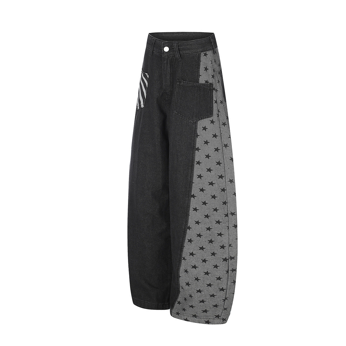 Baggy-Jeans mit weitem Bein – Denimhose mit Stern- und Streifen-Patchwork