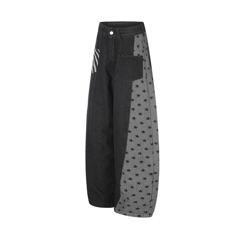 Baggy-Jeans mit weitem Bein – Denimhose mit Stern- und Streifen-Patchwork